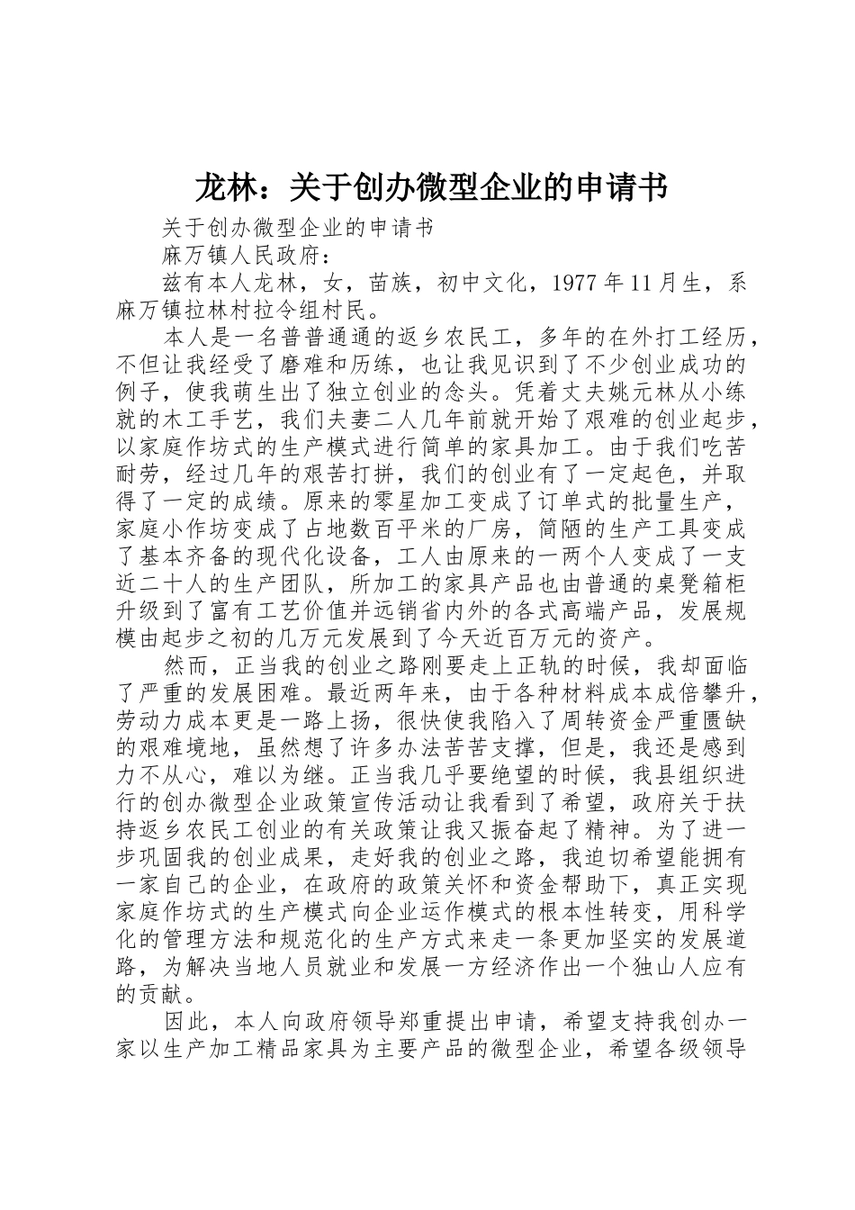 龙林：关于创办微型企业的申请书_第1页