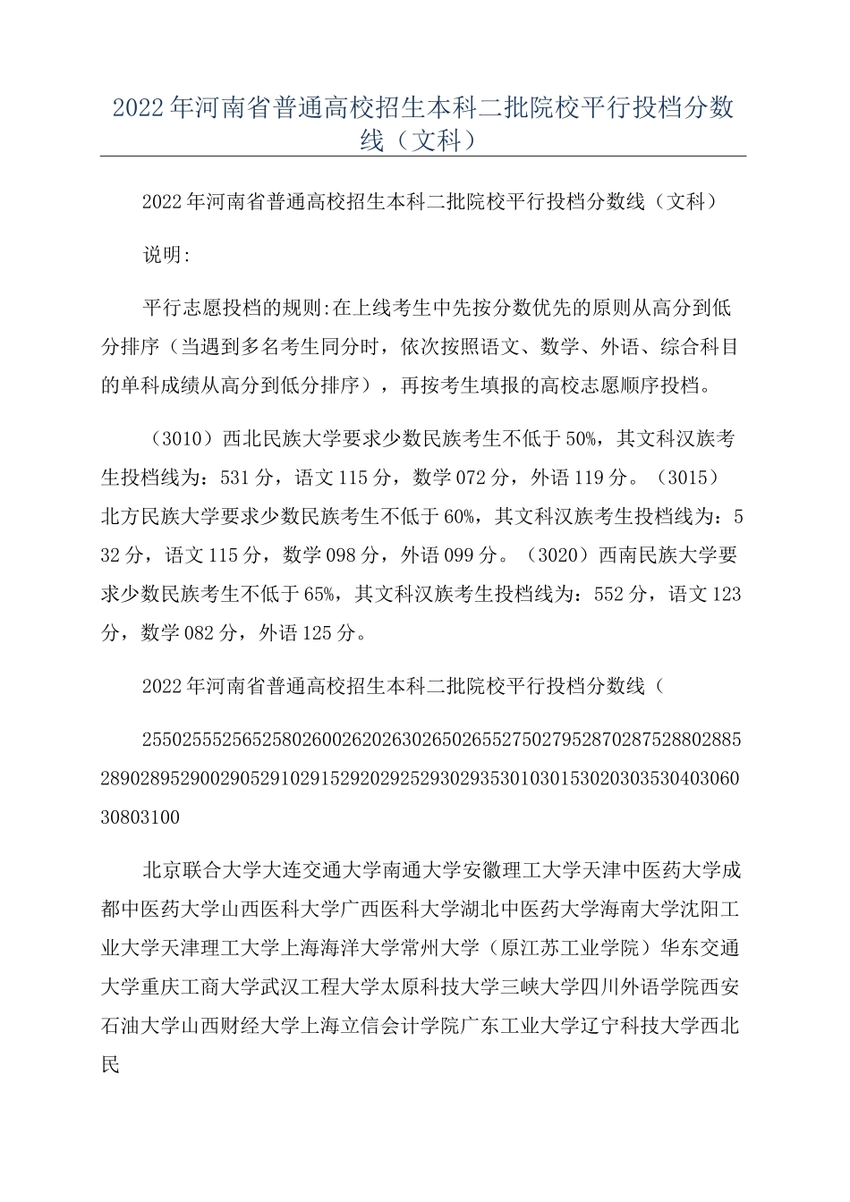 2022年河南省普通高校招生本科二批院校平行投档分数线(文科)_第1页