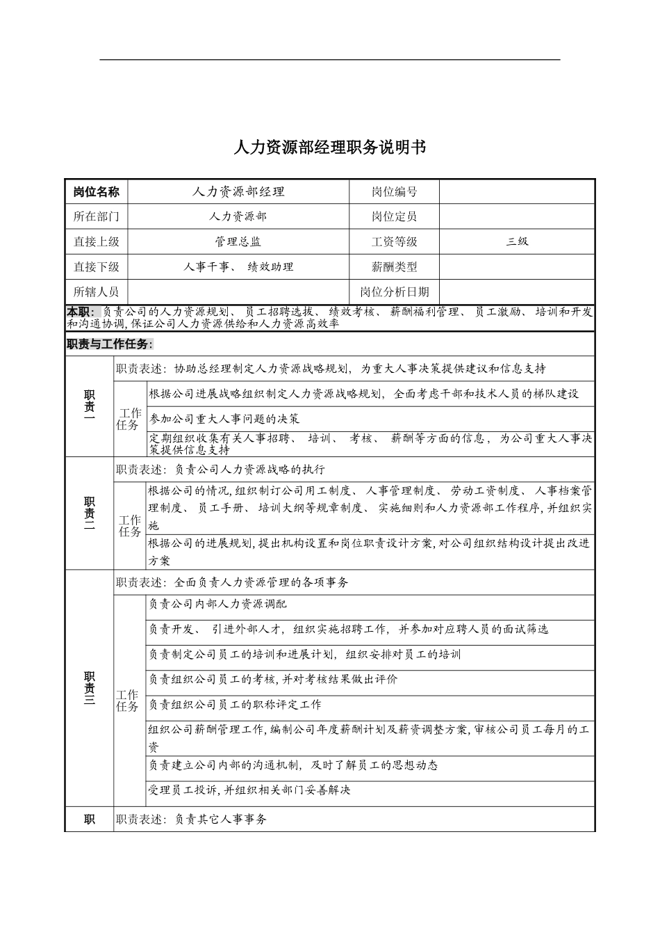 宁波华能贸易公司人力资源部经理职务说明书模板_第2页