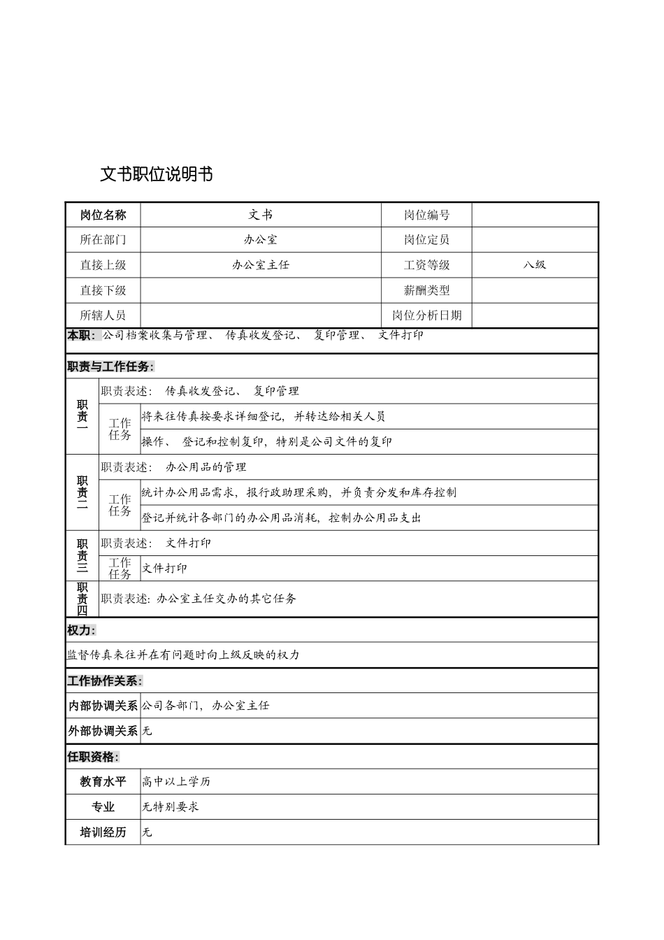 宁波华能贸易公司办公室文书职位说明书模板_第2页