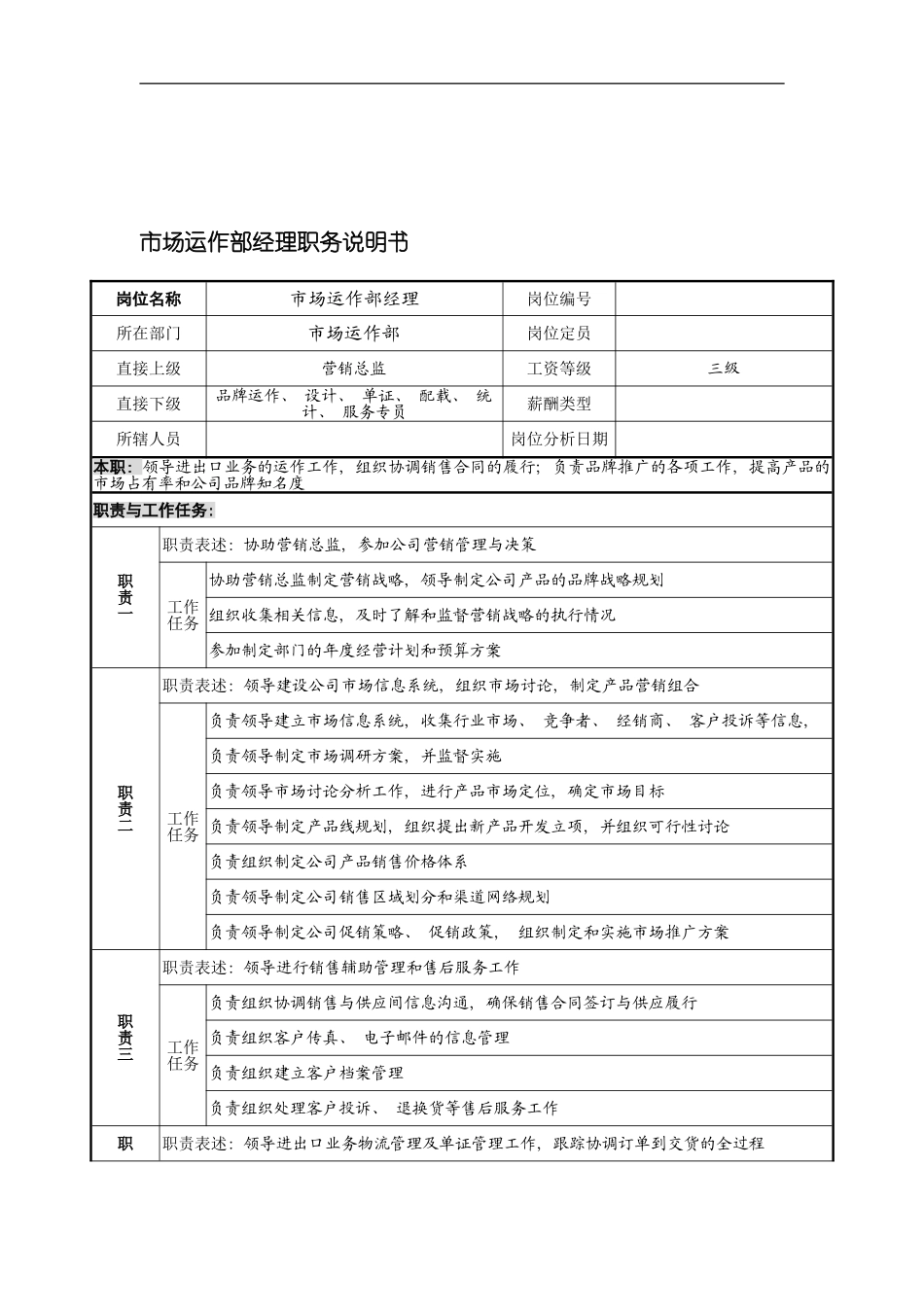 宁波华能贸易公司市场运作部经理职务说明书模板_第2页