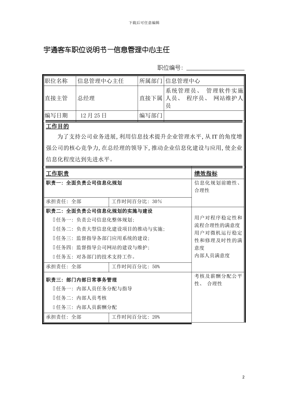 宇通客车职位说明书信息管理中心主任模板_第2页