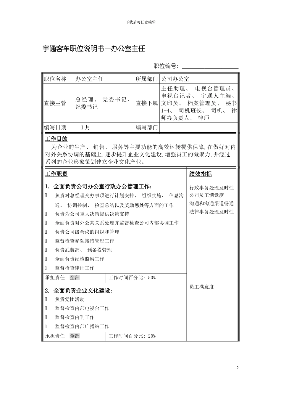 宇通客车职位说明书办公室主任模板_第2页
