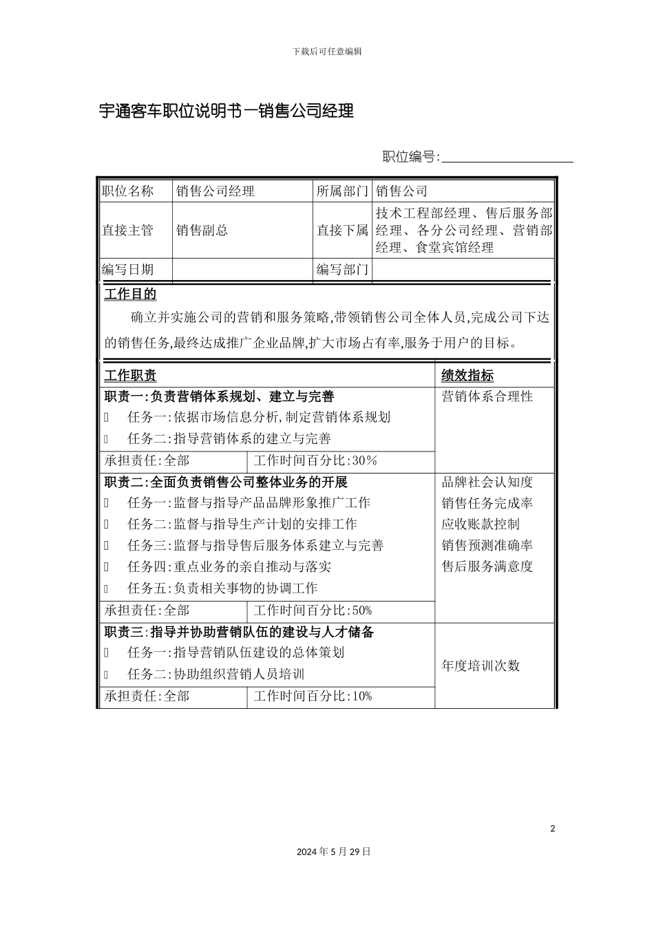宇通客车职位说明书—销售公司经理_第2页