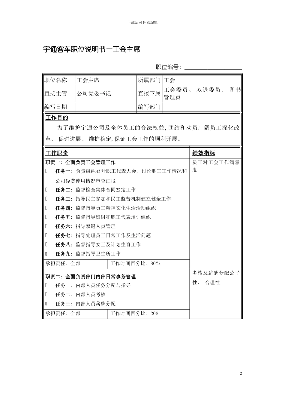 宇通客车职位说明书工会主席模板_第2页