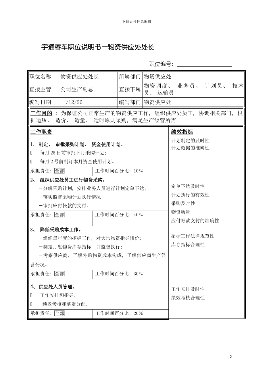 宇通客车职位说明书物资供应处处长模板_第2页