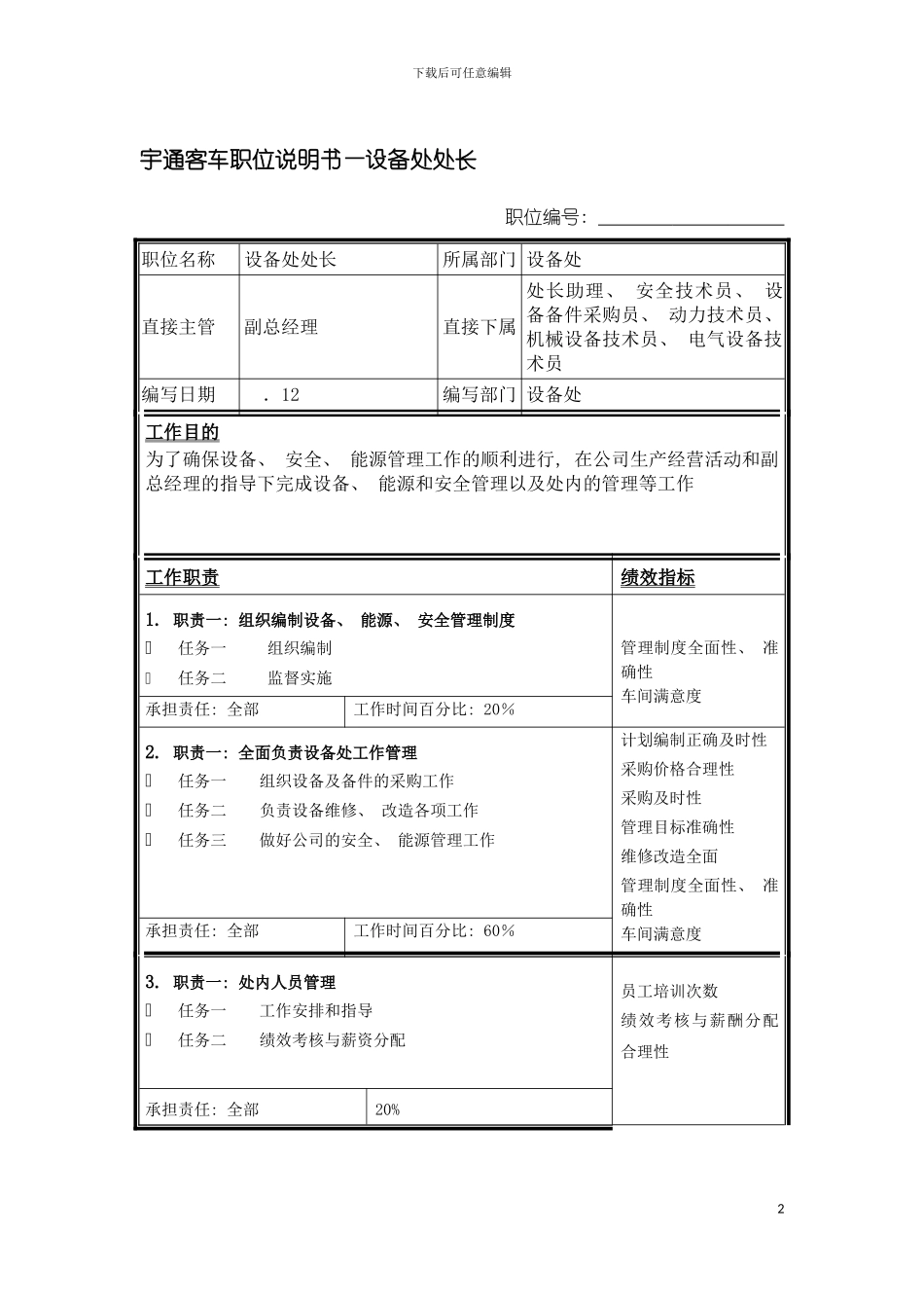 宇通客车职位说明书设备处处长模板_第2页