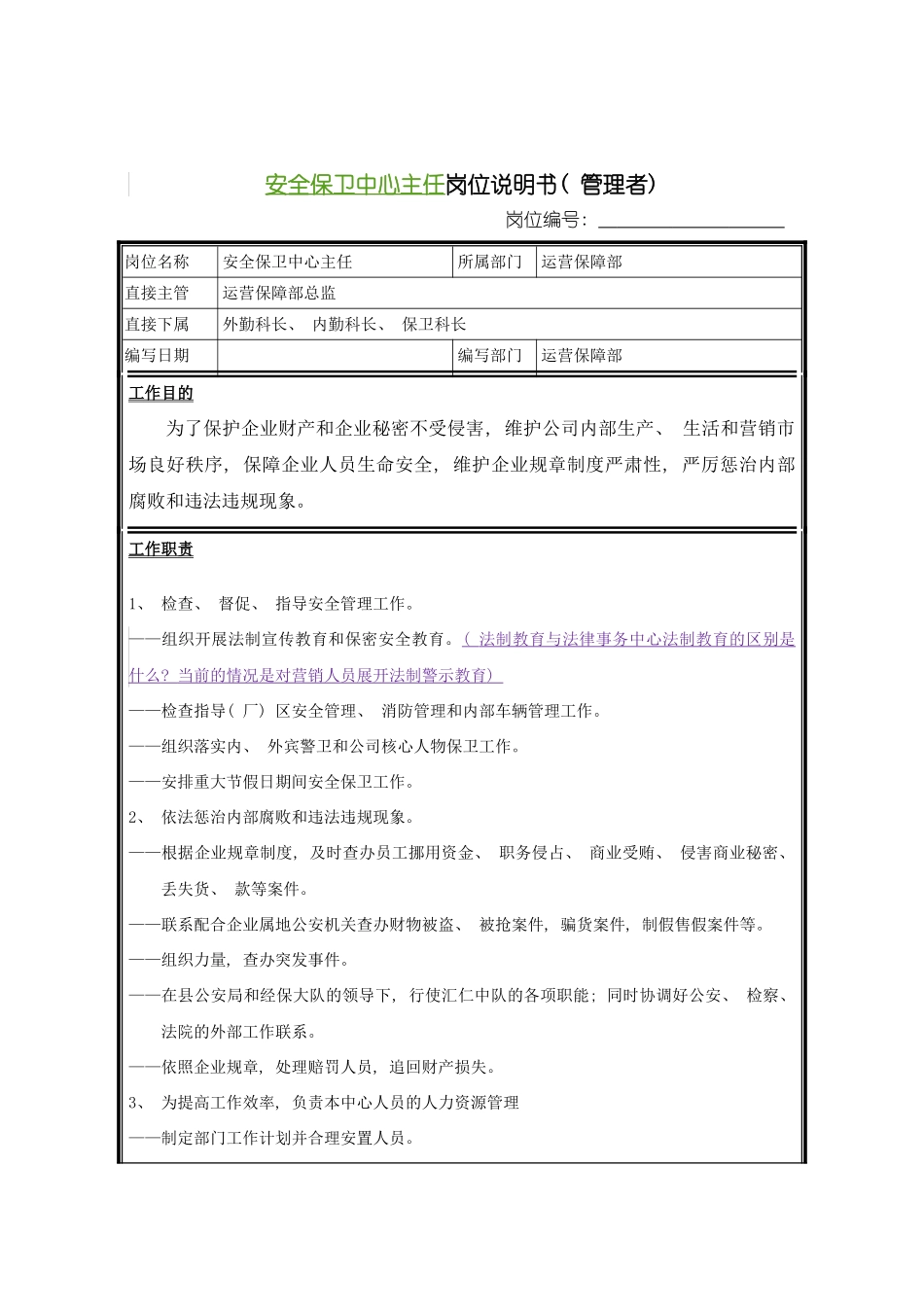 安全保卫中心主任岗位说明书模板_第2页