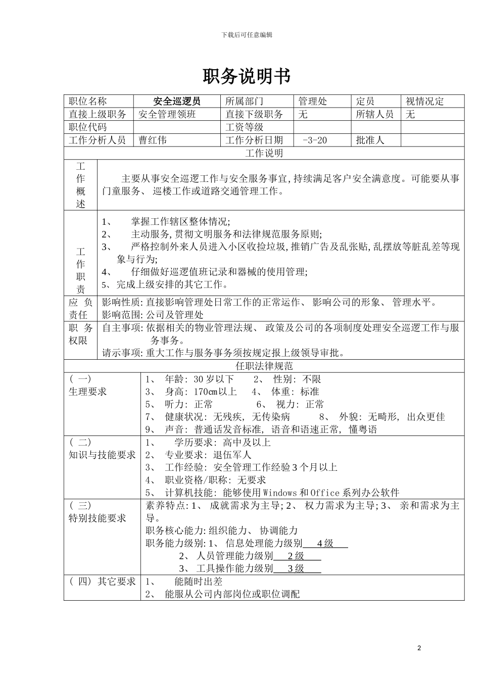 安全巡逻员职务说明书模板_第2页