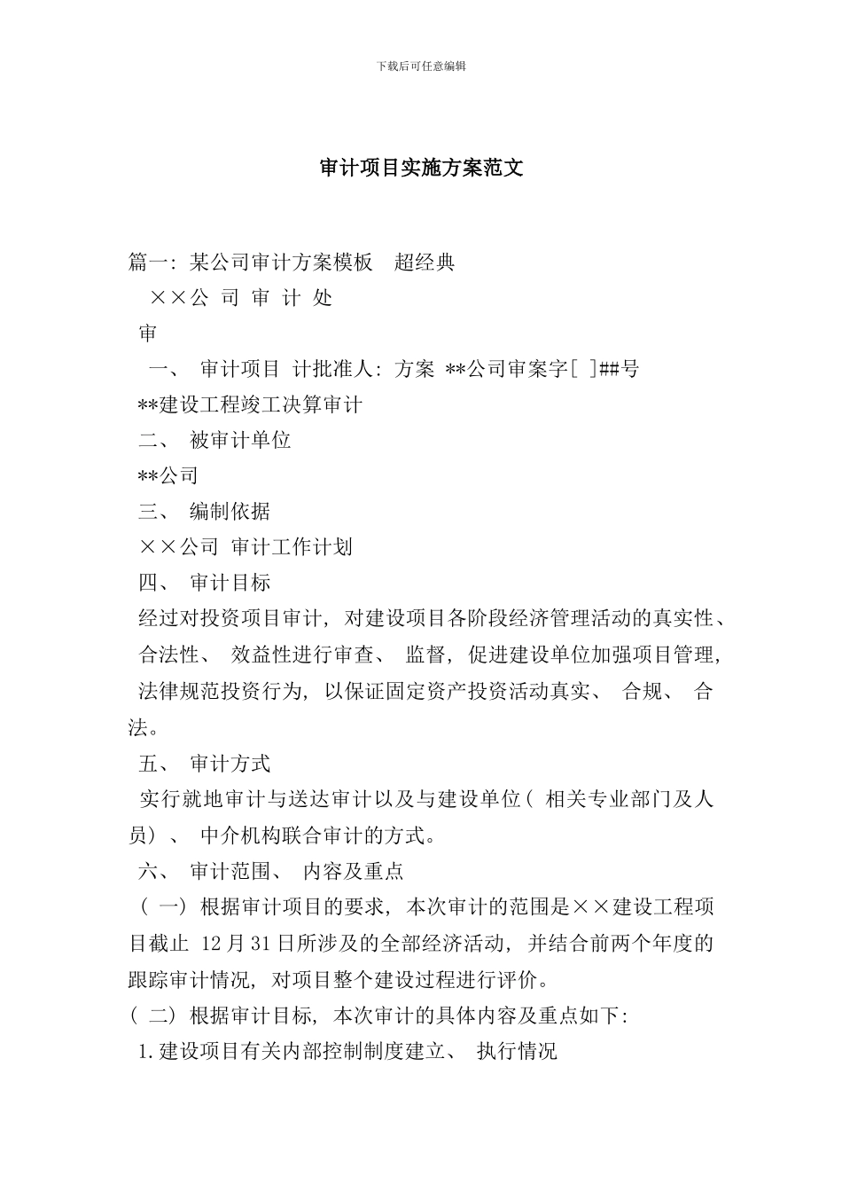 审计项目实施方案范文样本_第1页
