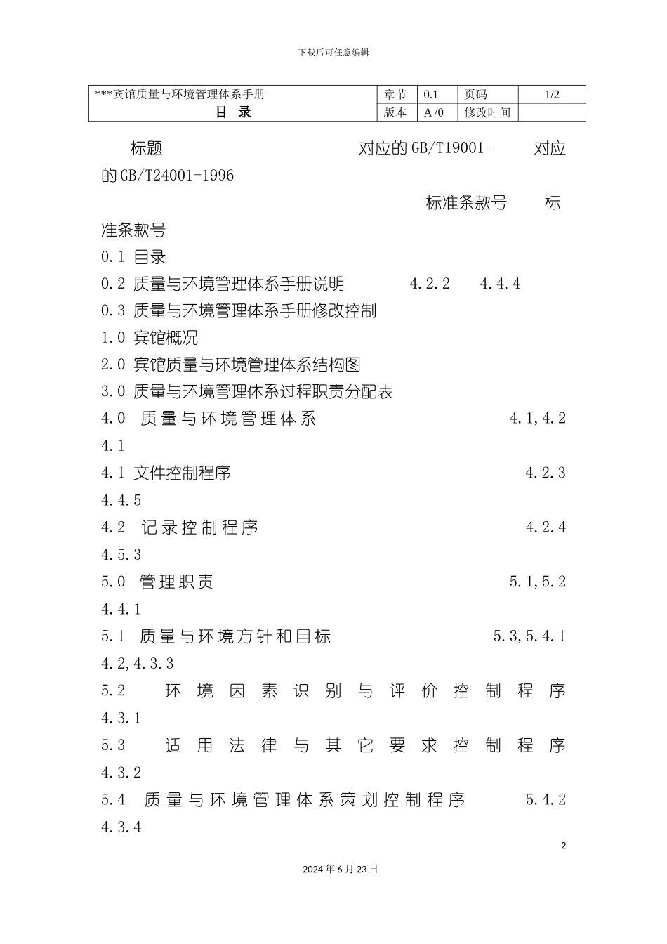 宾馆质量与环境管理体系手册_第2页