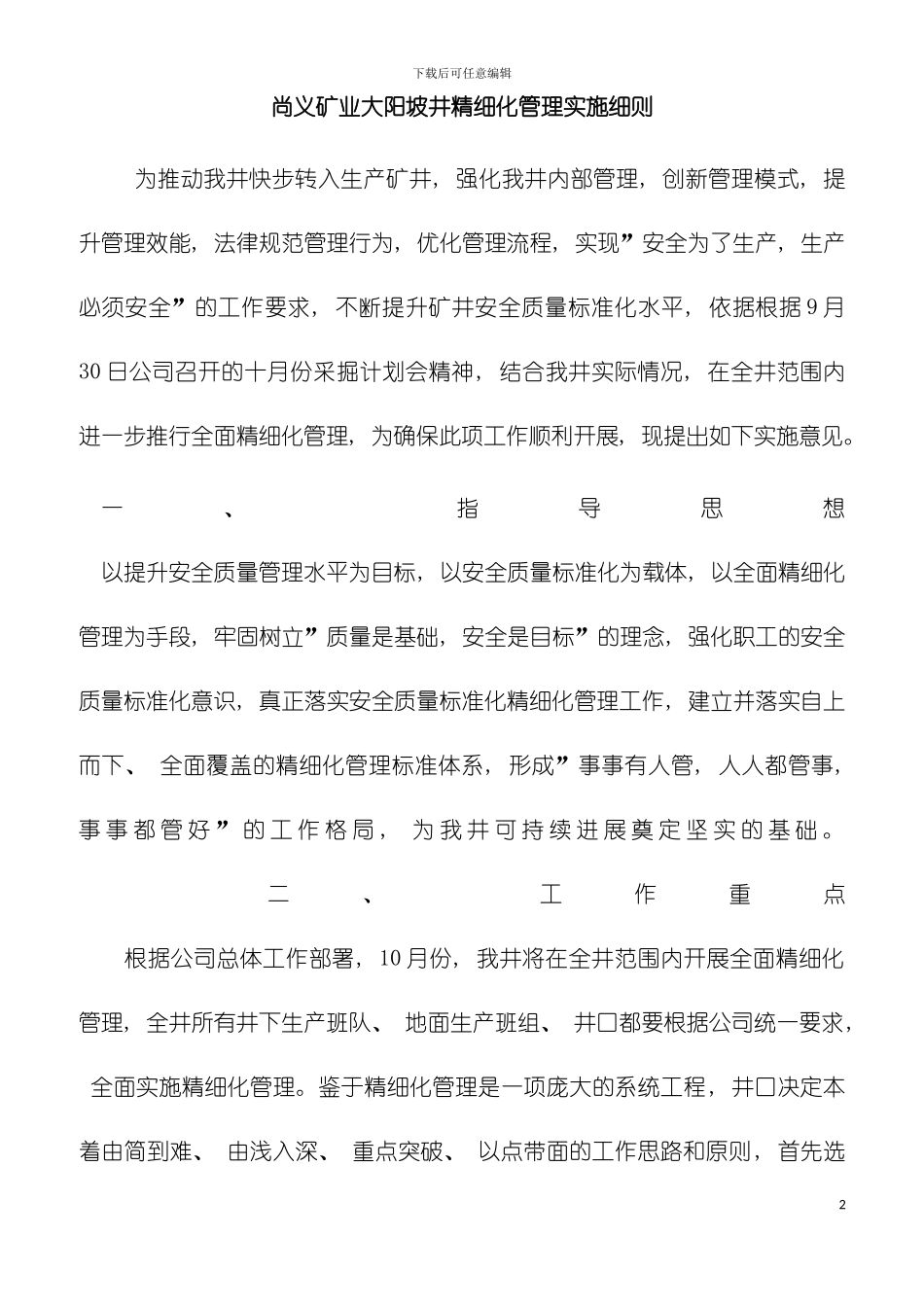 尚义矿业大阳坡井精细化管理实施方案模板_第2页