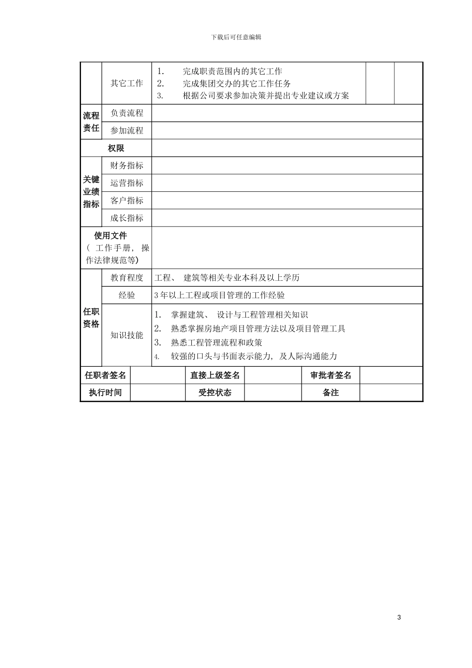 工程管理经理岗位说明书模板_第3页