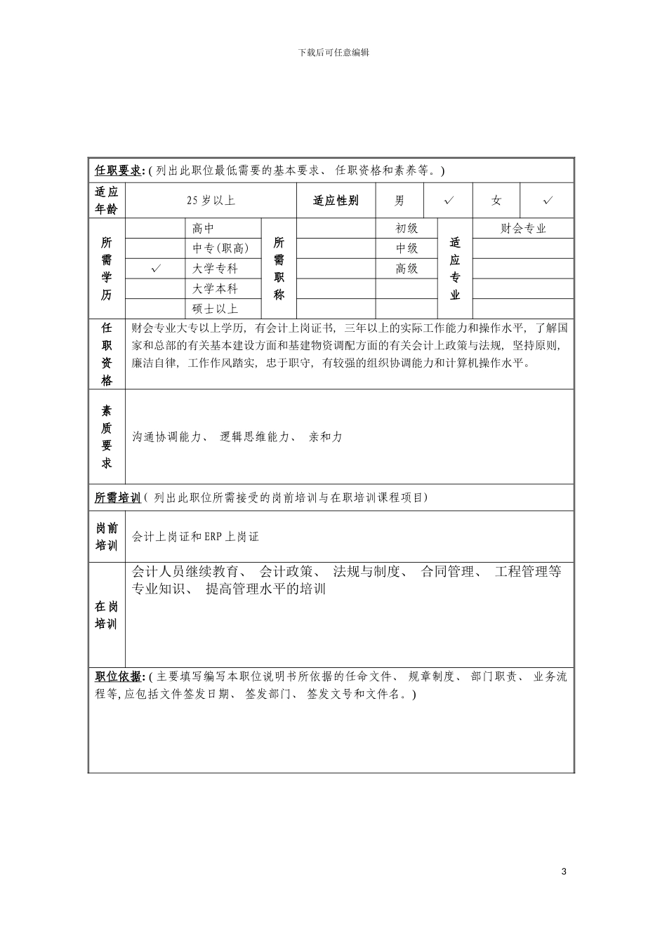 工程财务管理岗位说明书模板_第3页