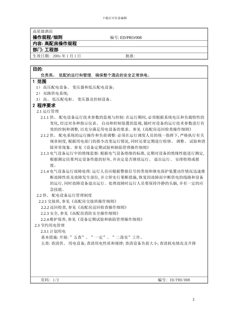 工程部作业程序高配房操作规程模板_第2页