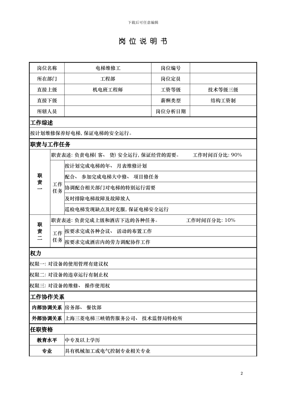 工程部电梯维修工岗位说明书样本模板_第2页
