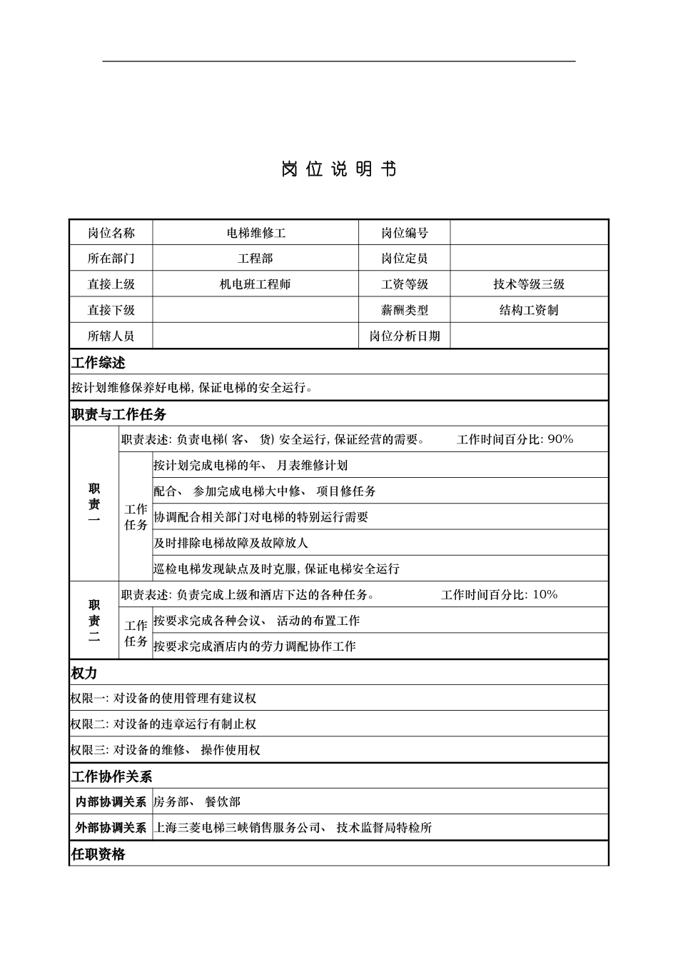 工程部电梯维修工岗位说明书模板_第2页