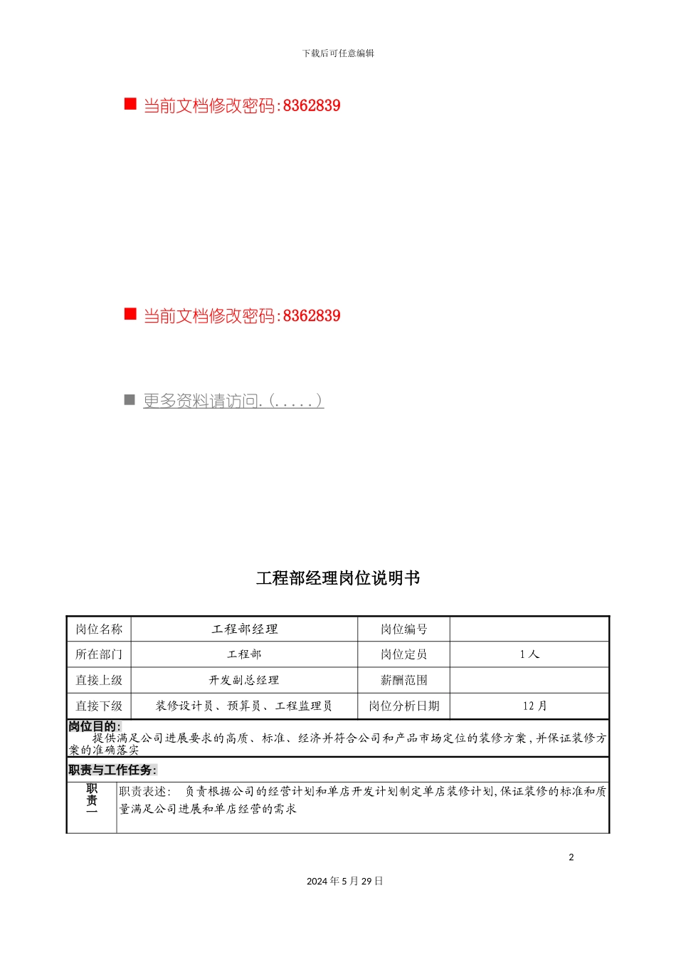 工程部经理工作说明书_第2页