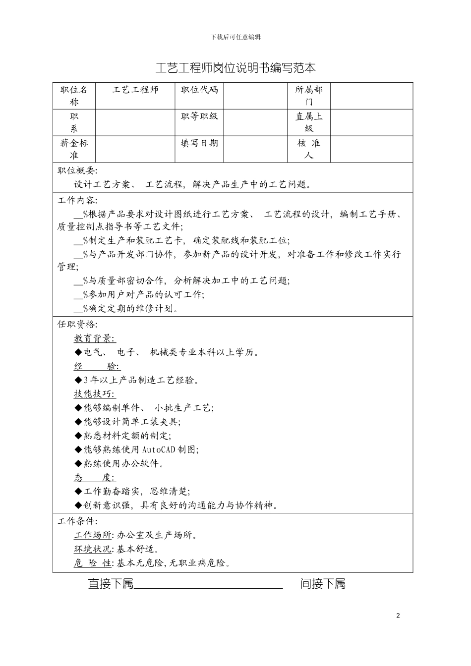 工艺工程师岗位说明书编写范本模板_第2页