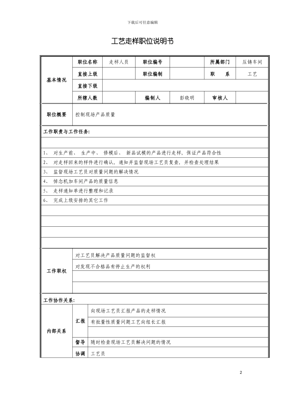 工艺走样职位说明书模板_第2页