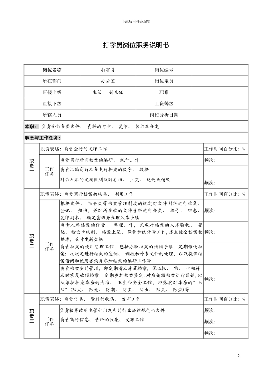 市商业银行办公室打字员岗位职务说明书模板_第2页