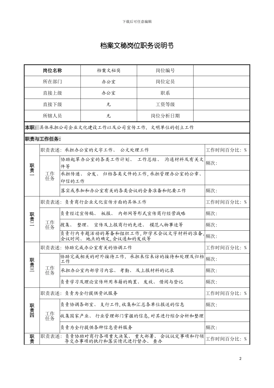 市商业银行办公室档案文秘岗位职务说明书模板_第2页