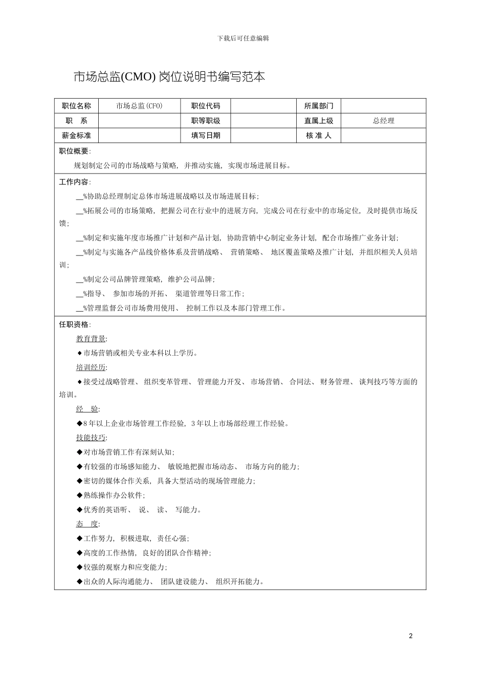 市场总监cmo岗位说明书编写范本模板_第2页