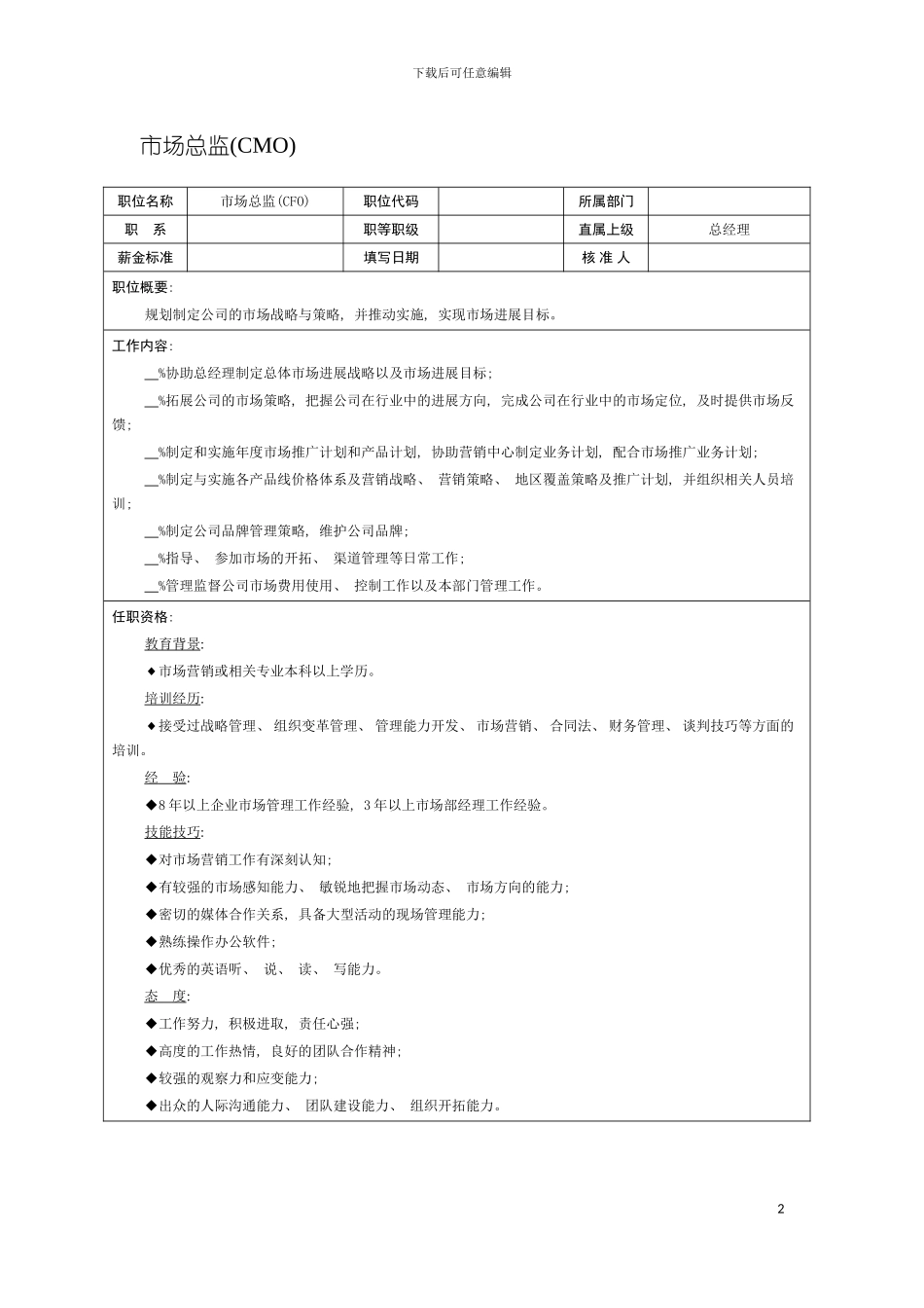 市场总监CMO职位说明书模板_第2页