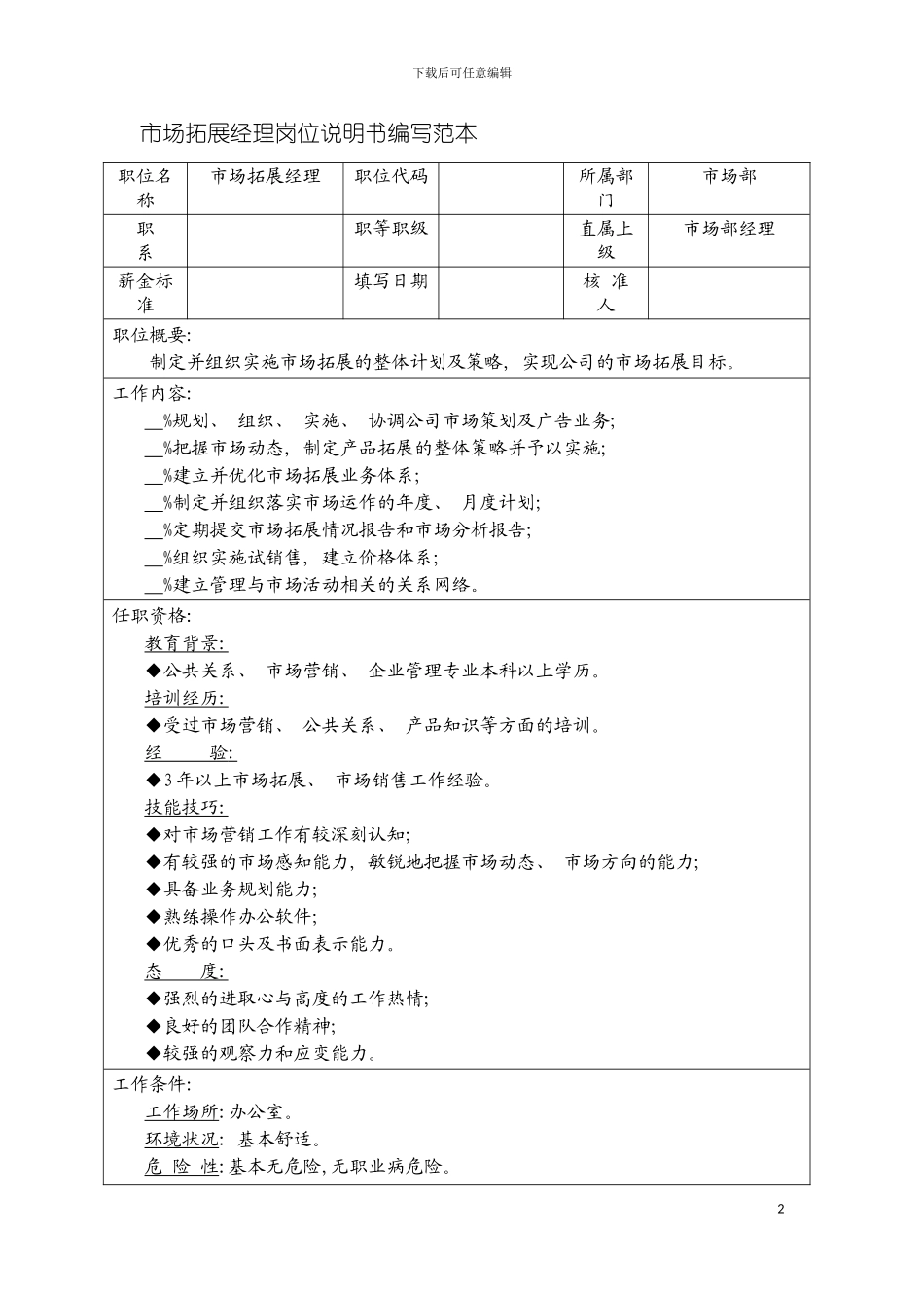 市场拓展经理岗位说明书编写范本模板_第2页