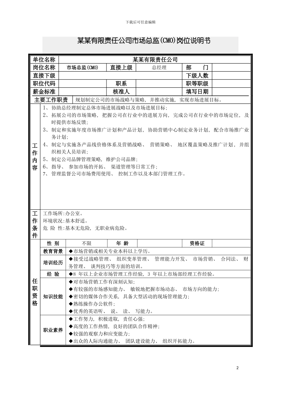 市场总监CMO岗位说明书模板_第2页