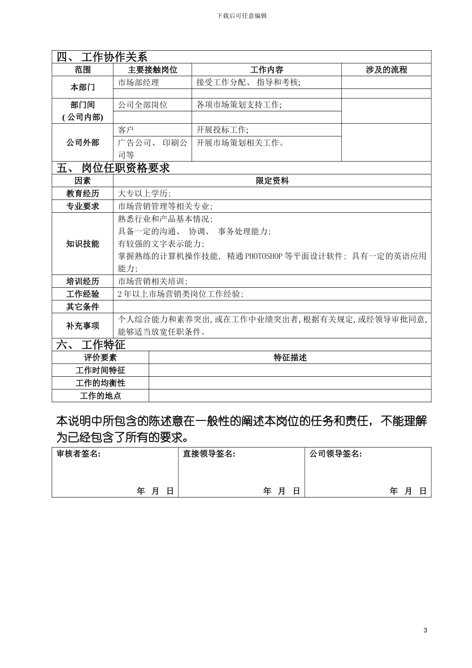 市场策划专员岗位说明书模板_第3页