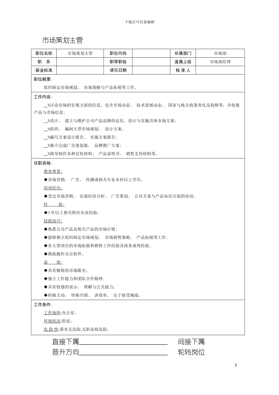 市场策划主管职位说明书模板_第2页