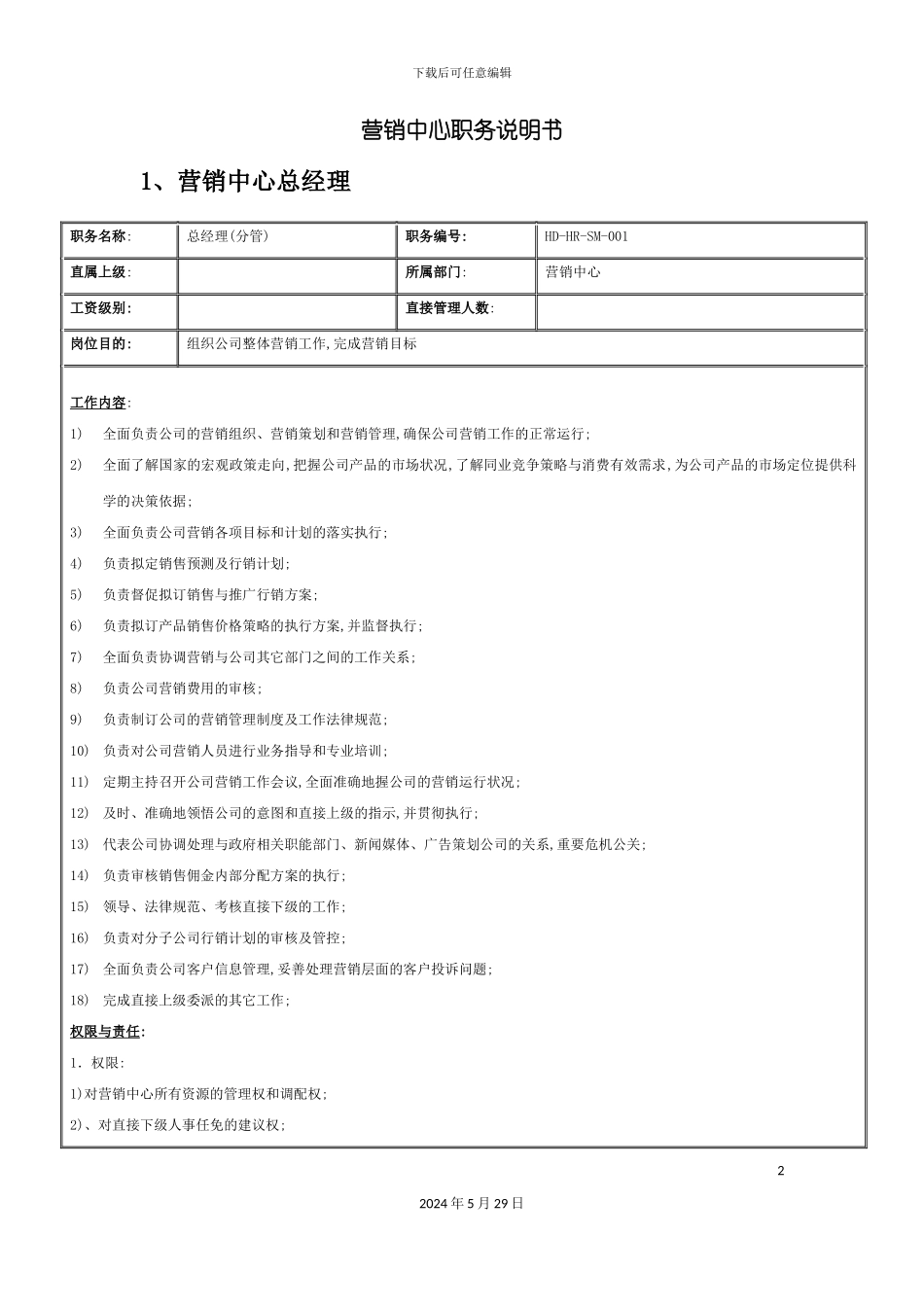 市场营俏岗位职责说明书_第2页