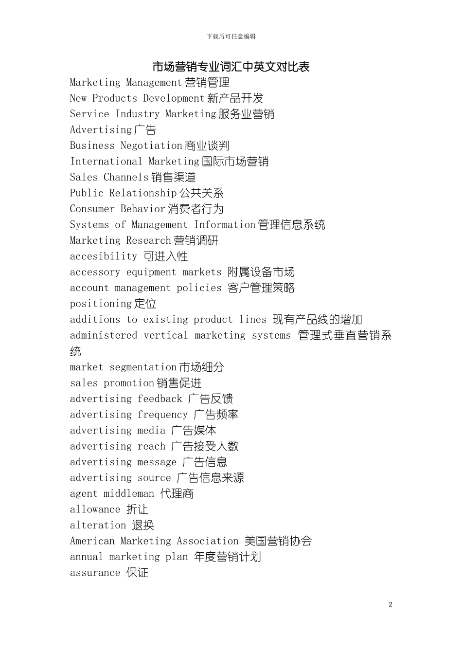 市场营销专业词汇中英文对照表模板_第2页