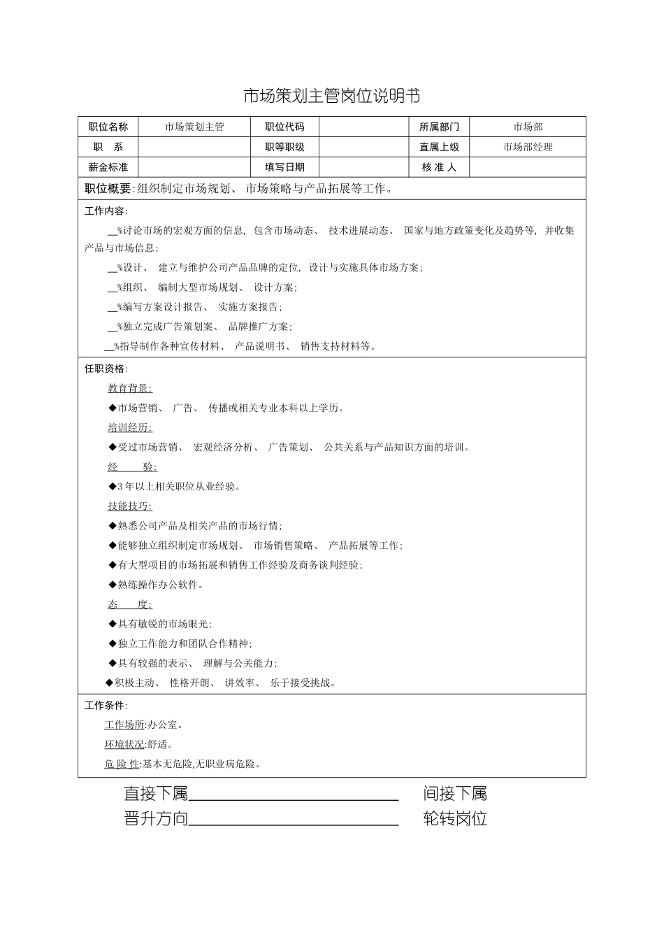 市场部策划主管岗位说明书模板_第3页