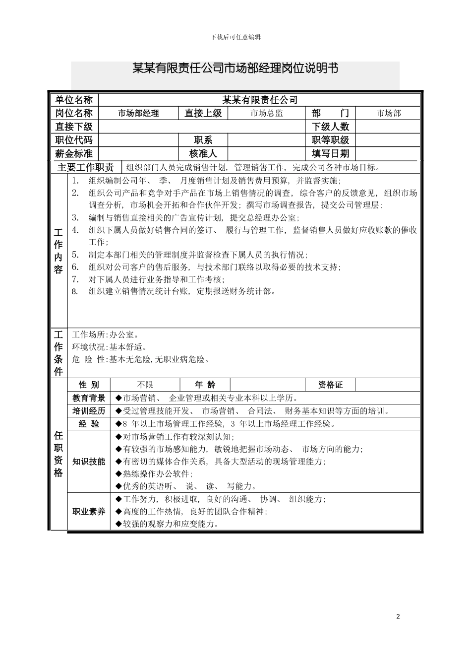 市场部经理岗位说明书模板_第2页
