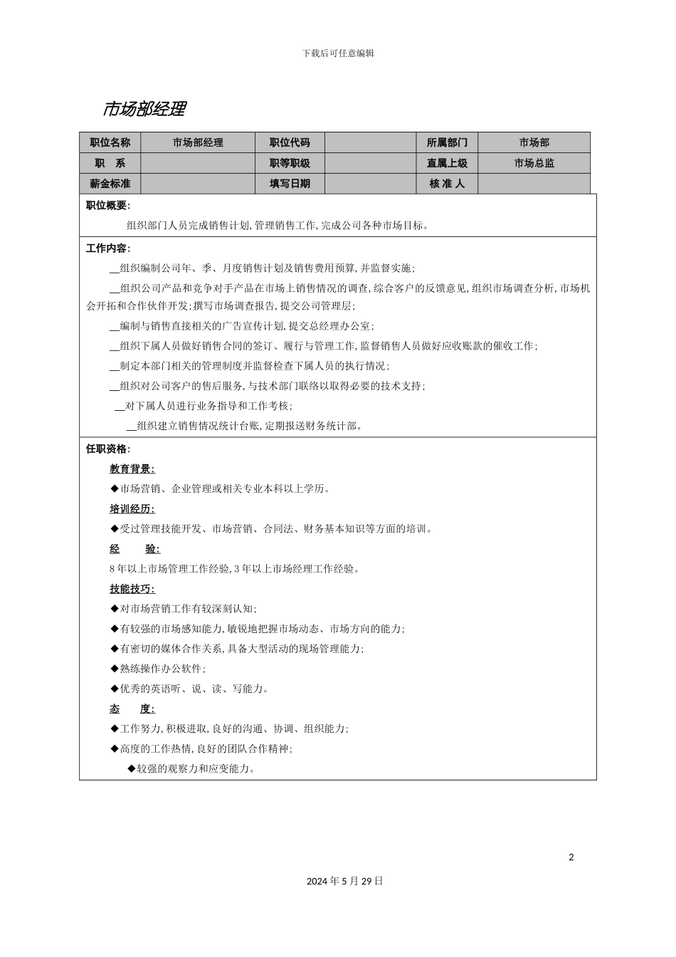 市场部经理岗位说明书_第2页