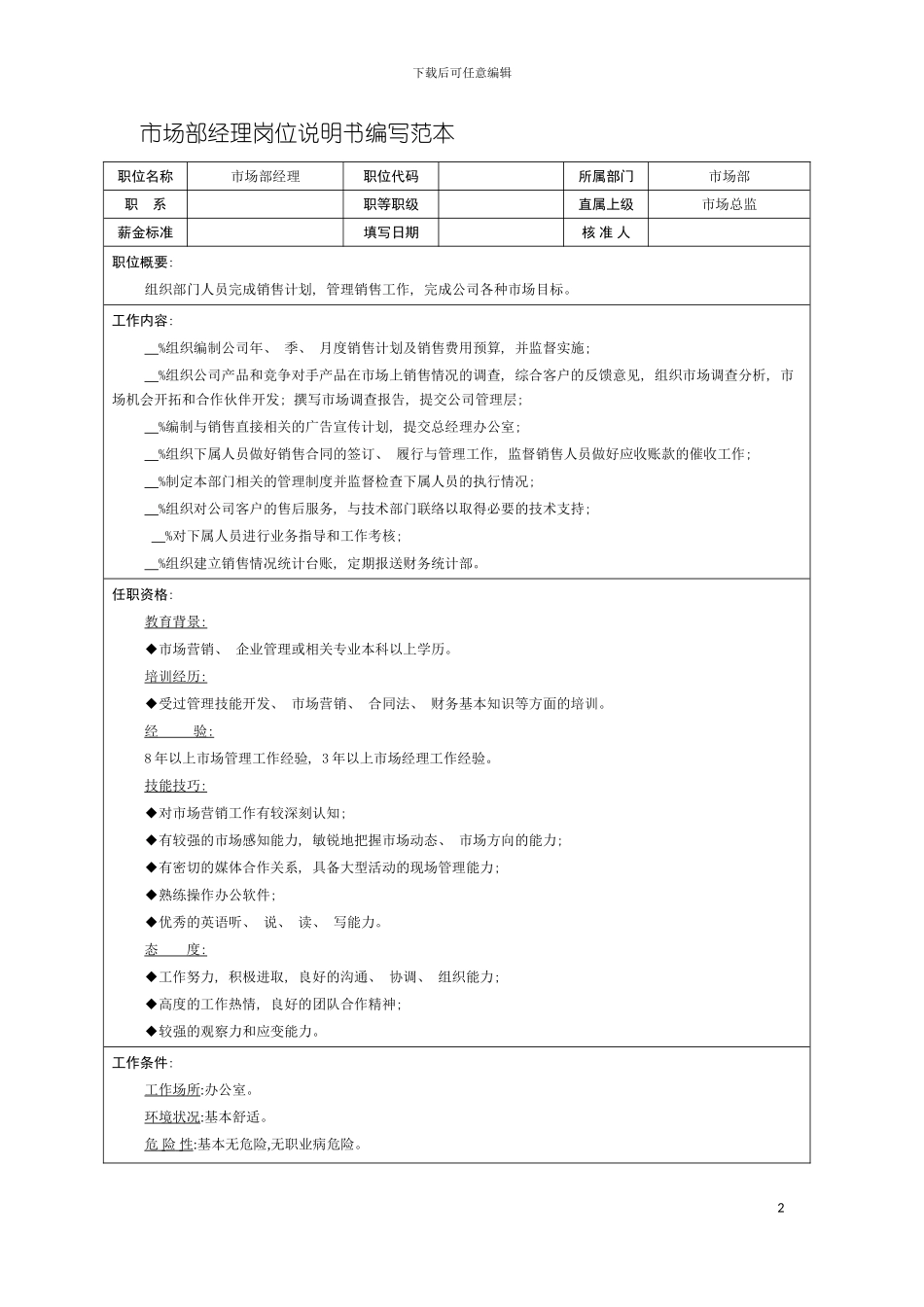 市场部经理岗位说明书编写范本模板_第2页
