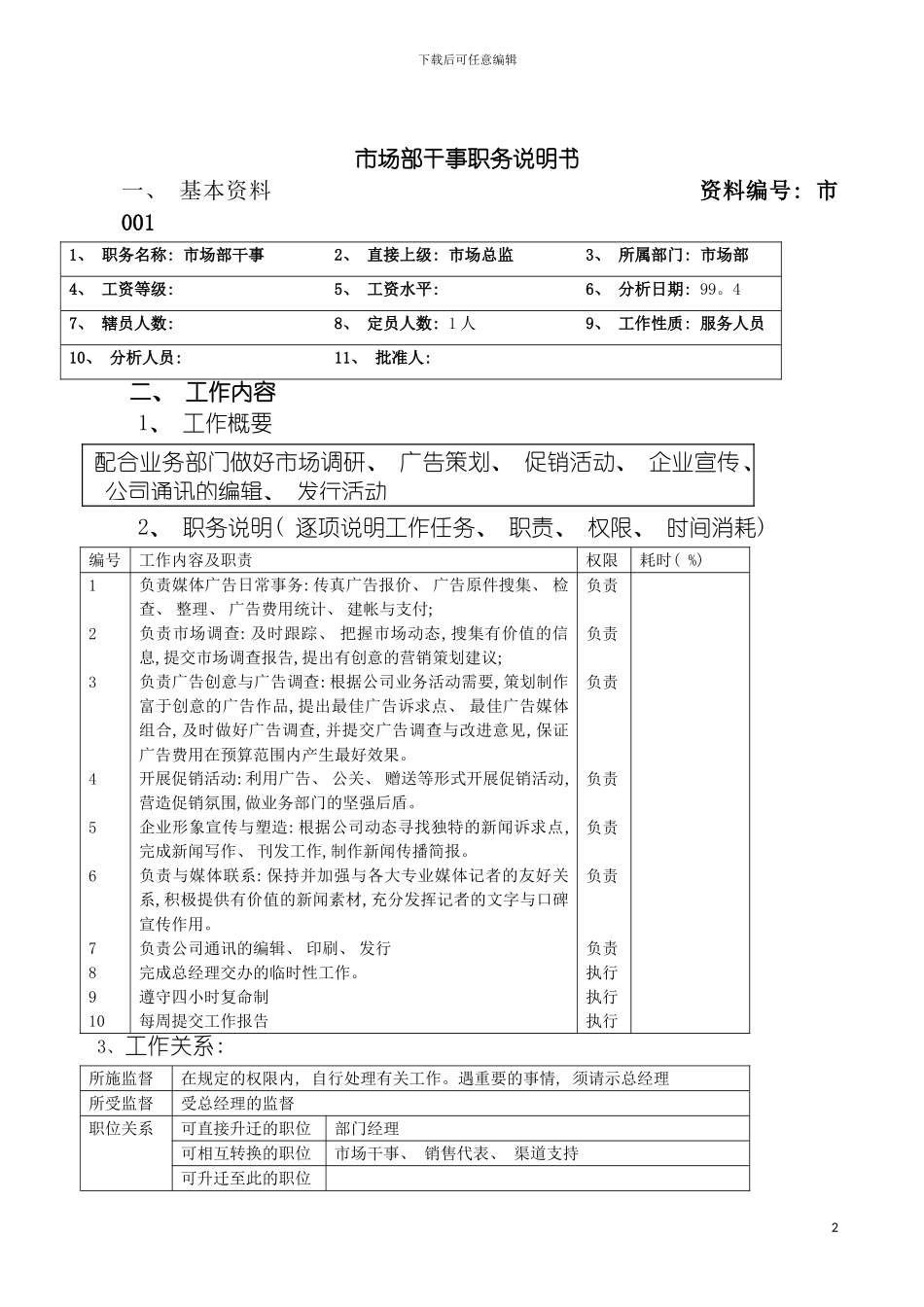 市场部干事职务说明书模板_第2页