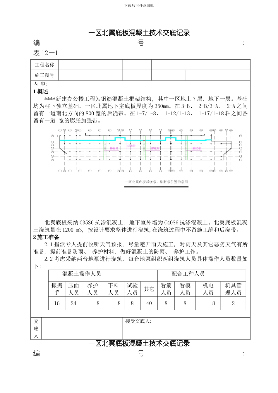 底板混凝土施工技术交底记录模板_第1页