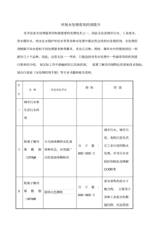 环保水处理常用药剂简介