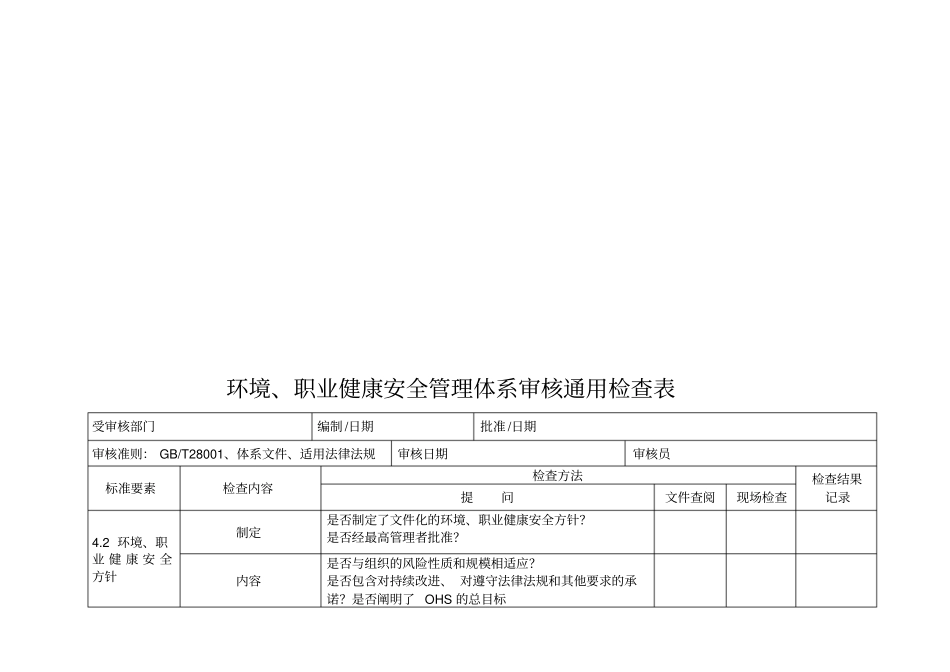 环境、职业健康安全管理体系审核通用检查表_第1页