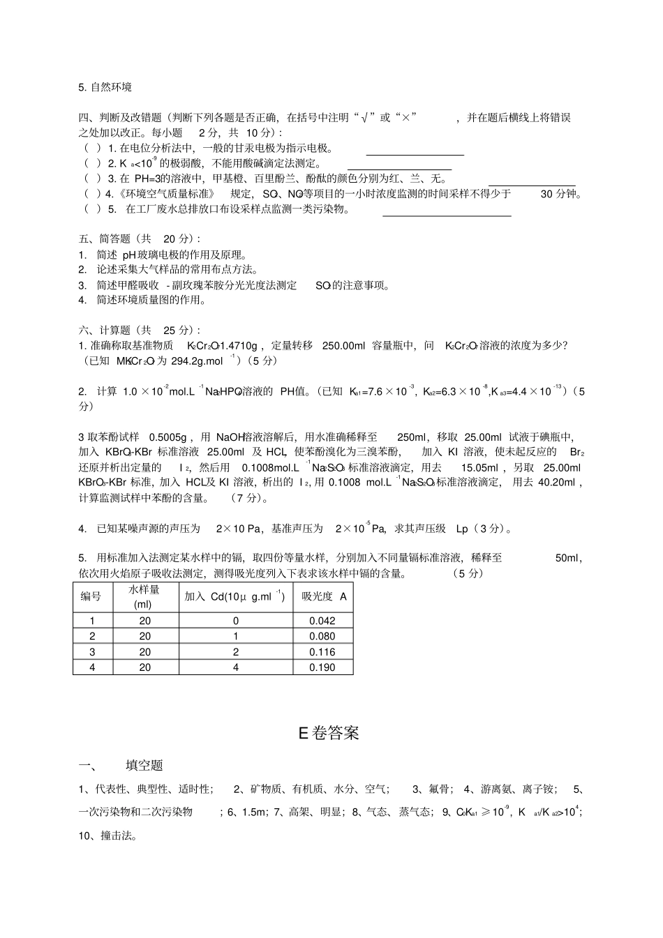 环境分析与监测考试试卷e+答案_第2页