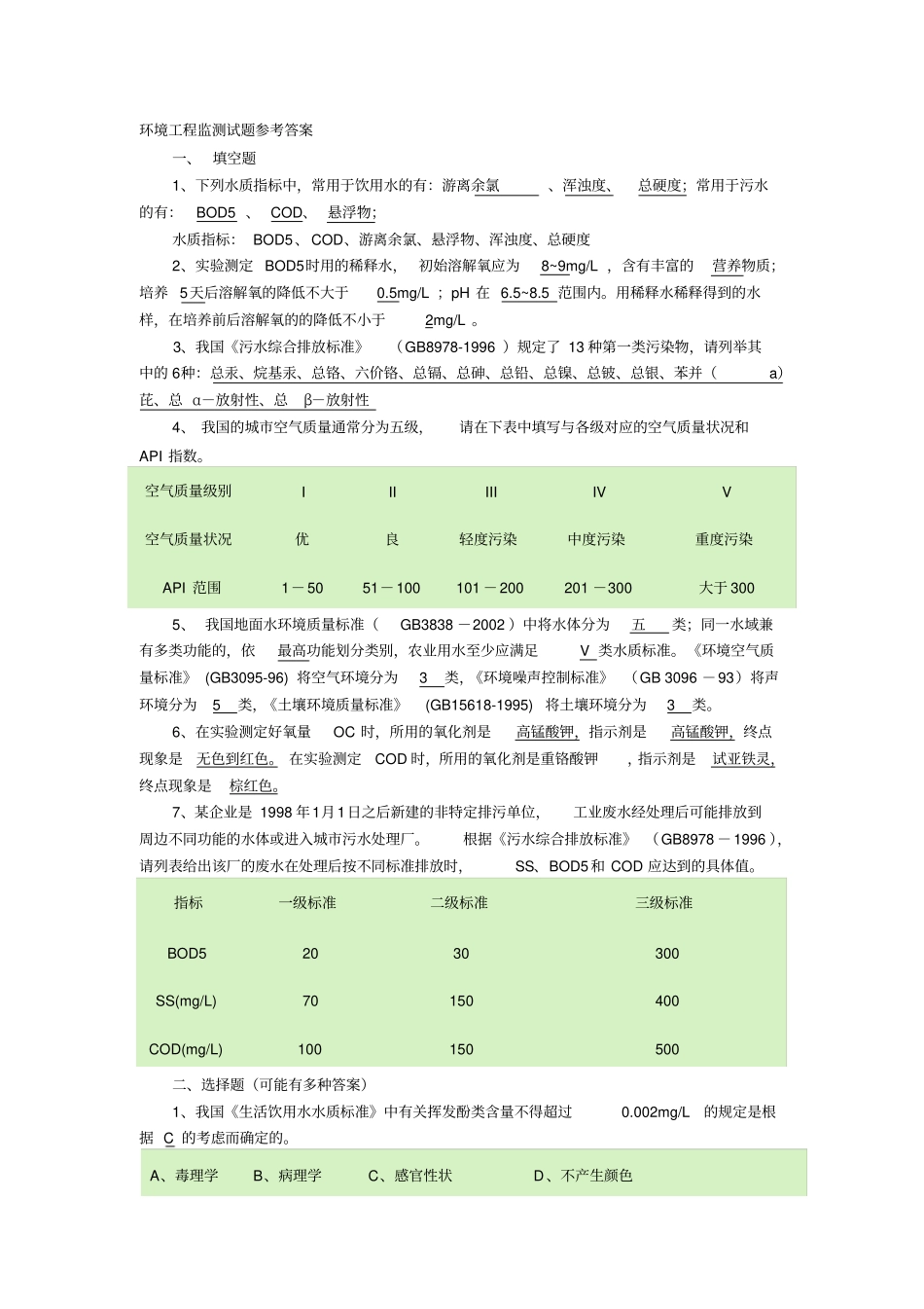 环境工程监测试题参考答案_第1页