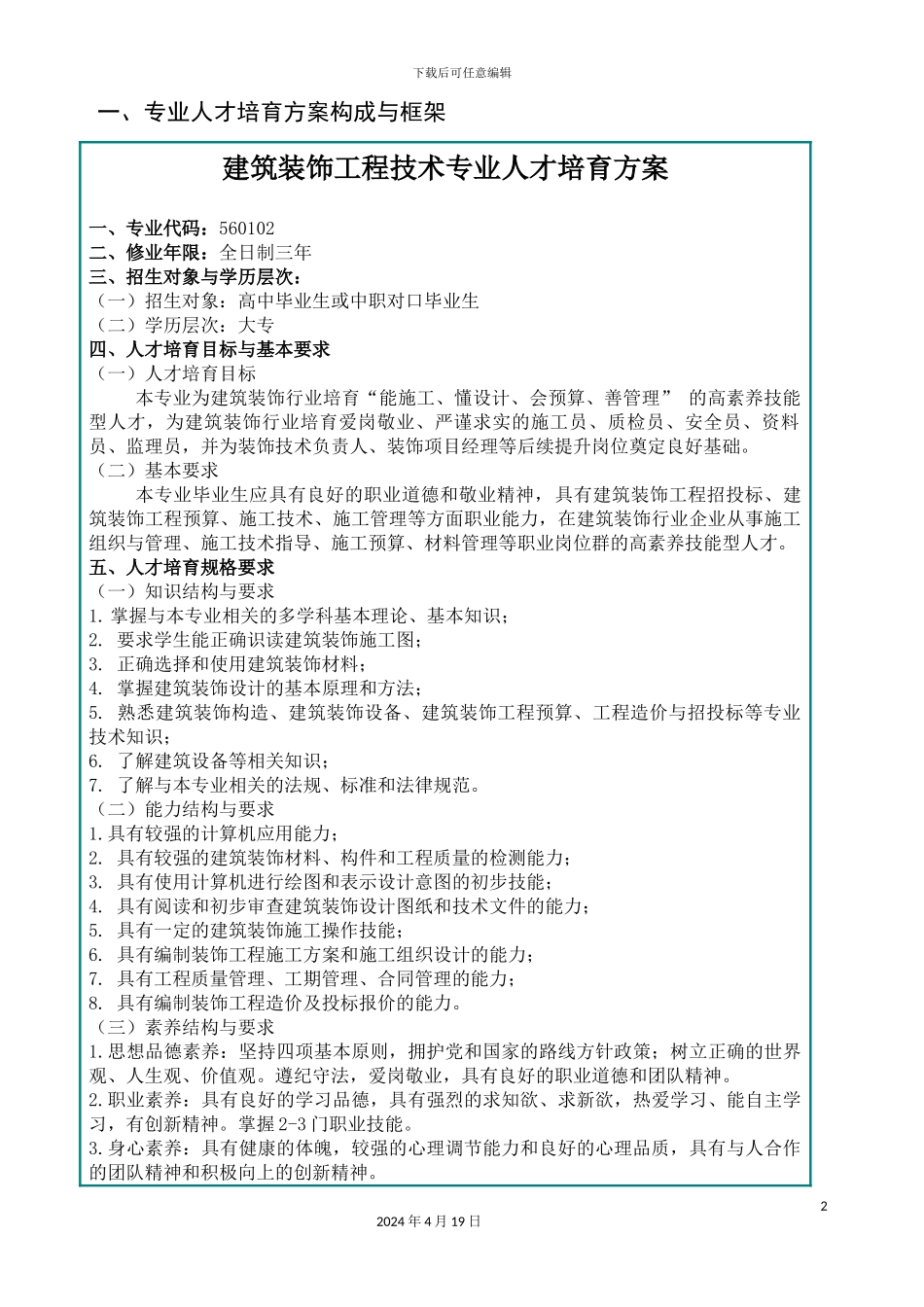 建筑装饰工程技术专业人才培养方案范本_第2页