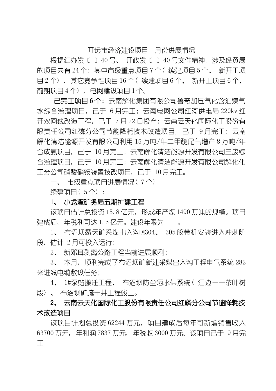 开远市经济建设项目一月份进展情况模板_第1页