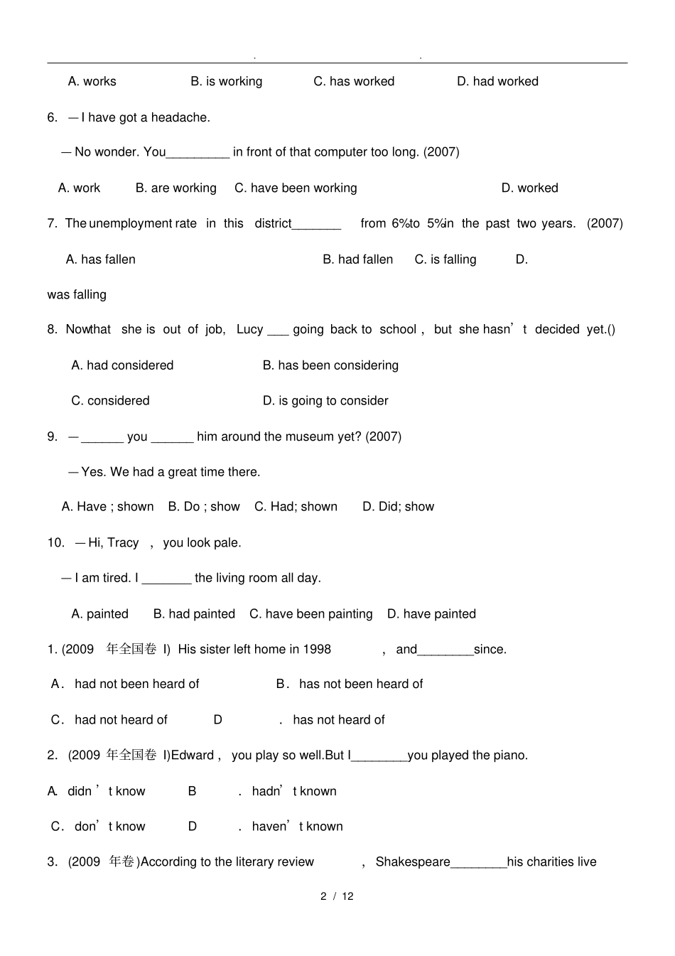 现在完成时和现在完成进行时的练习_第2页