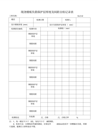 现浇楼板负筋保护层厚度及间距自检记录表