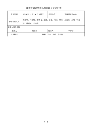 理想之城销售中心每日晚会会议纪要日