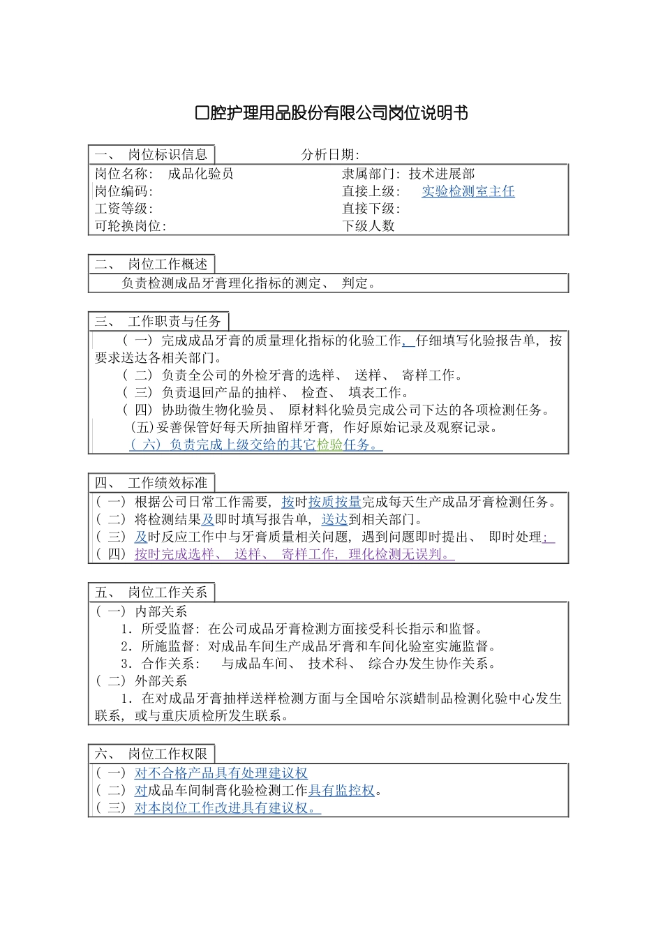 成品化验员岗位说明书模板_第2页
